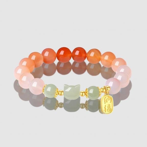 Crimson Agate & Hetian Jade Cat Charm Bracelet